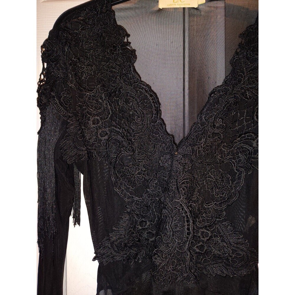 Lizette Collection Black Mesh Bodysuit Large Lace Fringe Sheer Long Sleeve L - Picture 9 of 10
